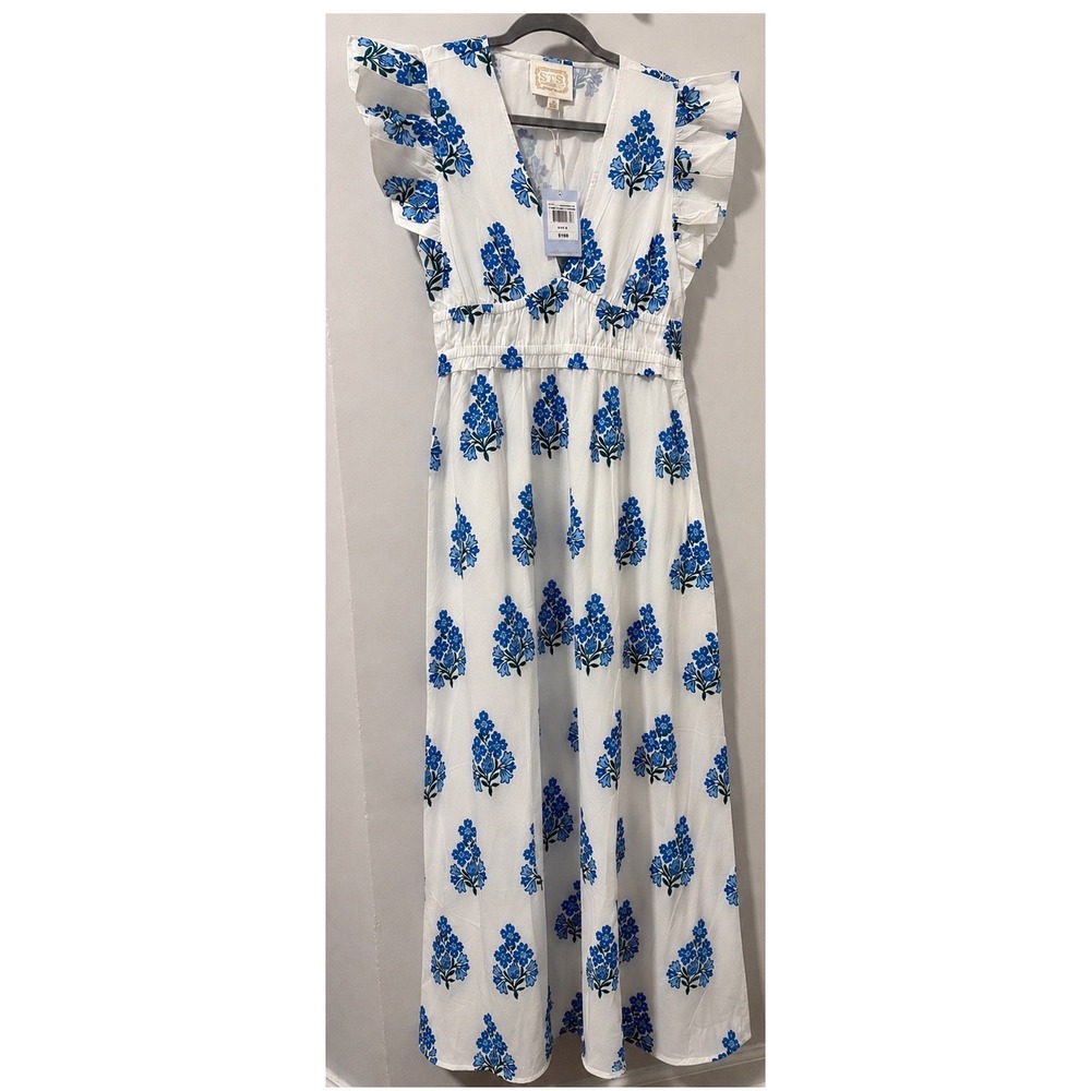 NWT Sail to Sable Blue White Floral Cotton Resort Maxi Dress Smocked Flutter M - Picture 2 of 10